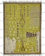 Tribal Modern Dizayn Yeşil Pamuk Üzerine Yün El Dokuma Halı-220x309