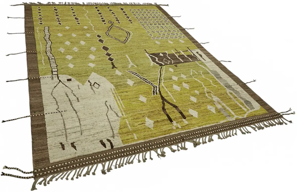 Tribal Modern Dizayn Yeşil Pamuk Üzerine Yün El Dokuma Halı-220x309 - Görsel 2