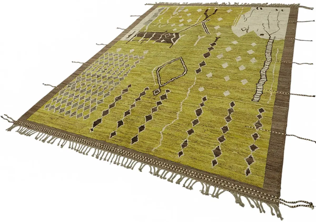 Tribal Modern Dizayn Yeşil Pamuk Üzerine Yün El Dokuma Halı-220x309 - Görsel 3