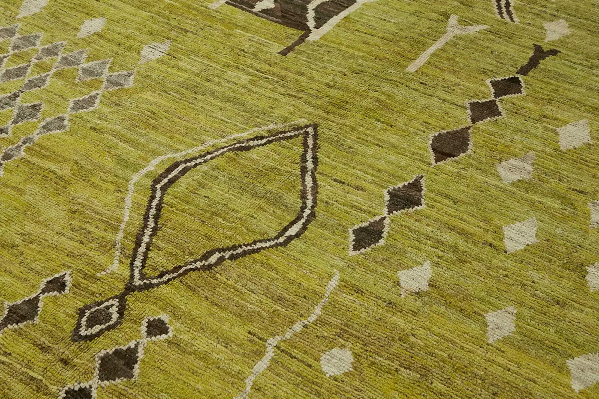 Tribal Modern Dizayn Yeşil Pamuk Üzerine Yün El Dokuma Halı-220x309 - Görsel 5