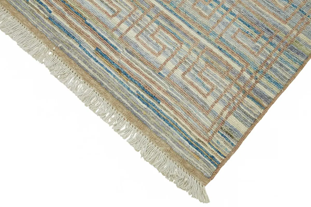 Tribal Modern Dizayn Mavi Pamuk Üzerine Yün El Dokuma Halı-165x229 - Görsel 4