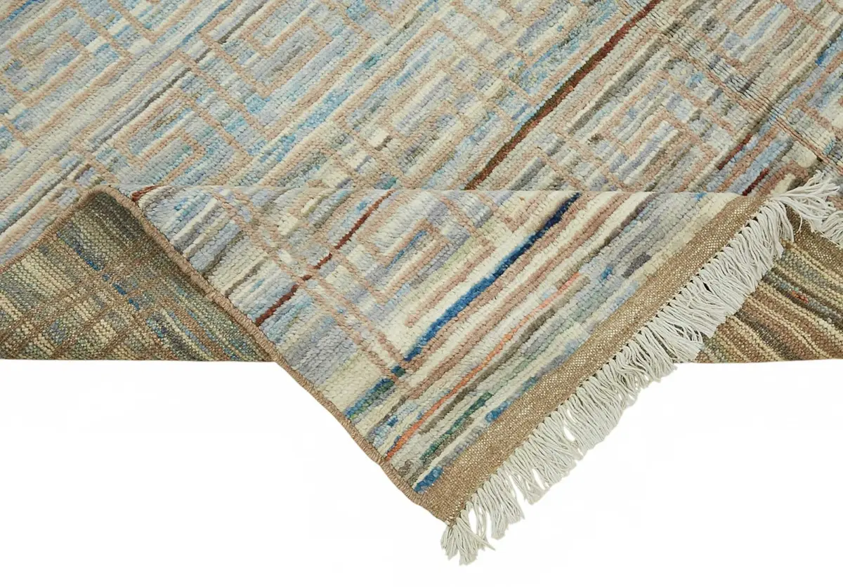 Tribal Modern Dizayn Mavi Pamuk Üzerine Yün El Dokuma Halı-165x229 - Görsel 6