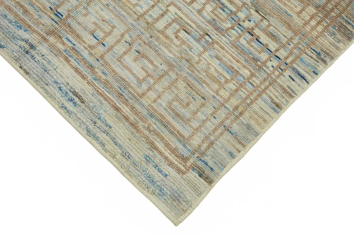 Tribal Modern Dizayn Mavi Pamuk Üzerine Yün El Dokuma Halı-160x218 - Görsel 4