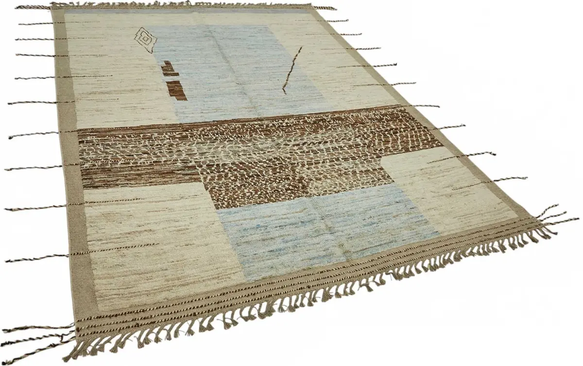 Tribal Modern Dizayn Bej Pamuk Üzerine Yün El Dokuma Halı-214x307 - Görsel 2