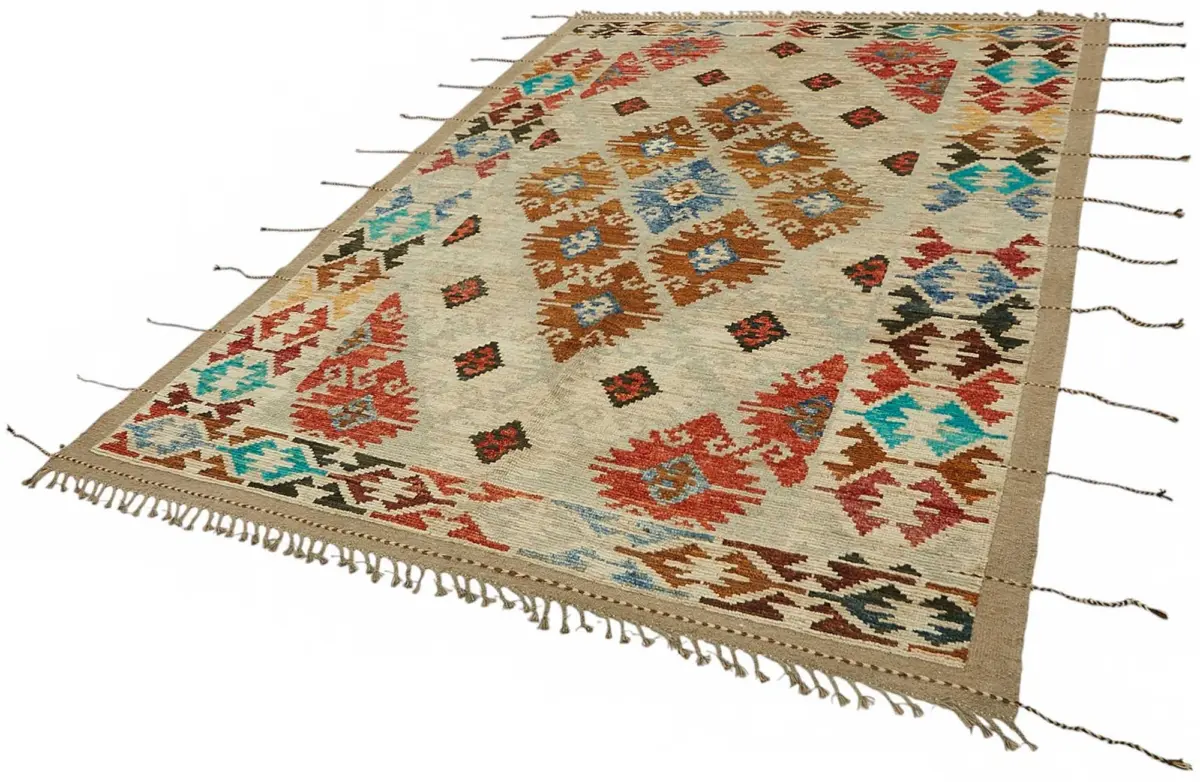 Tribal Modern Dizayn Multi Pamuk Üzerine Yün El Dokuma Halı-212x308 - Görsel 3