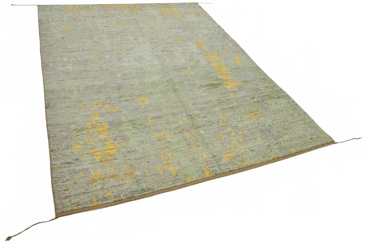 Tribal Modern Dizayn Yeşil Pamuk Üzerine Yün El Dokuma Halı-200x283 - Görsel 2