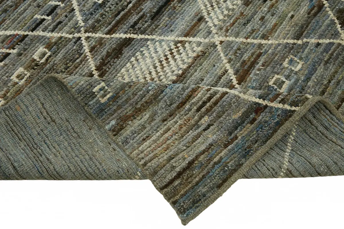 Tribal Modern Dizayn Mavi Pamuk Üzerine Yün El Dokuma Halı-261x297 - Görsel 6