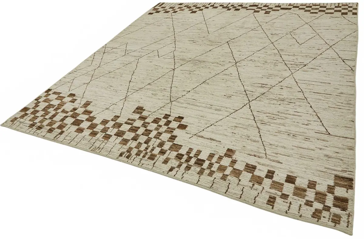 Tribal Modern Dizayn Bej Pamuk Üzerine Yün El Dokuma Halı-259x293 - Görsel 3