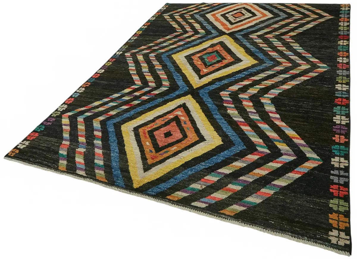 Tribal Modern Dizayn Siyah Pamuk Üzerine Yün El Dokuma Halı-207x289 - Görsel 3