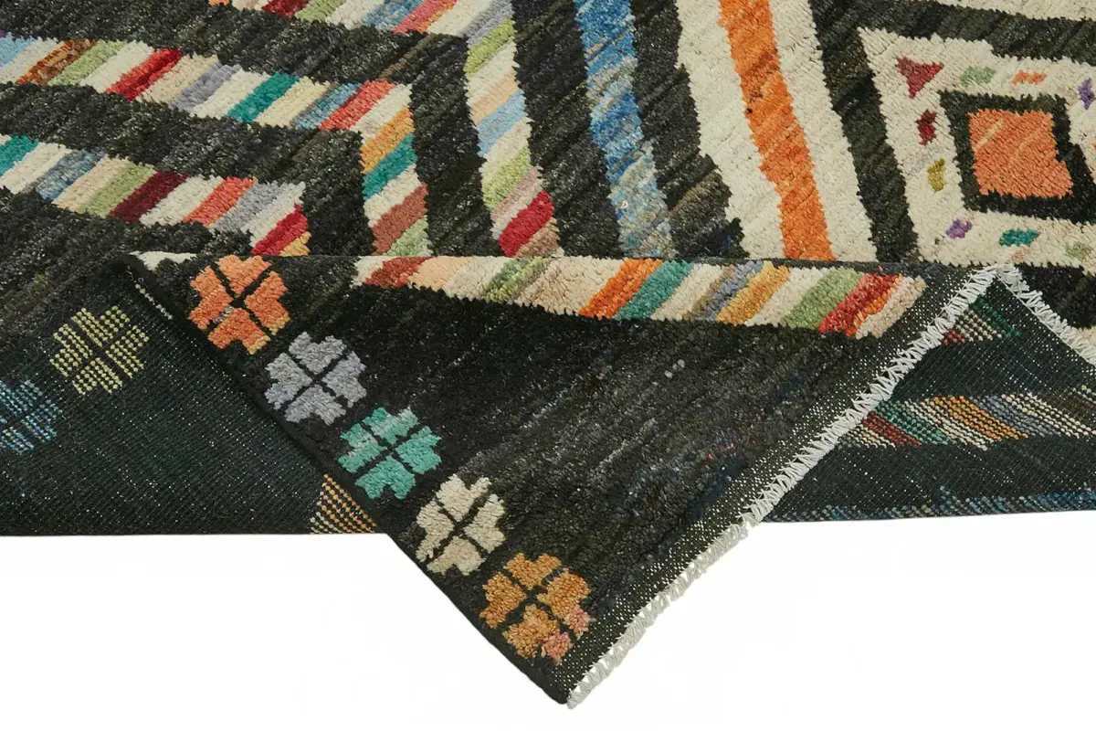 Tribal Modern Dizayn Siyah Pamuk Üzerine Yün El Dokuma Halı-207x289 - Görsel 6