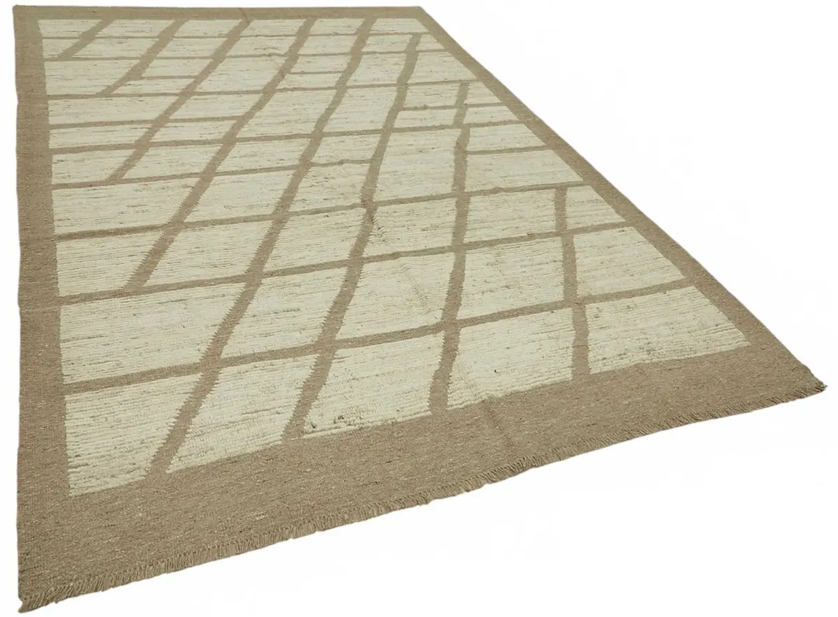 Tribal Modern Dizayn Bej Pamuk Üzerine Yün El Dokuma Halı-200x300 - Görsel 2