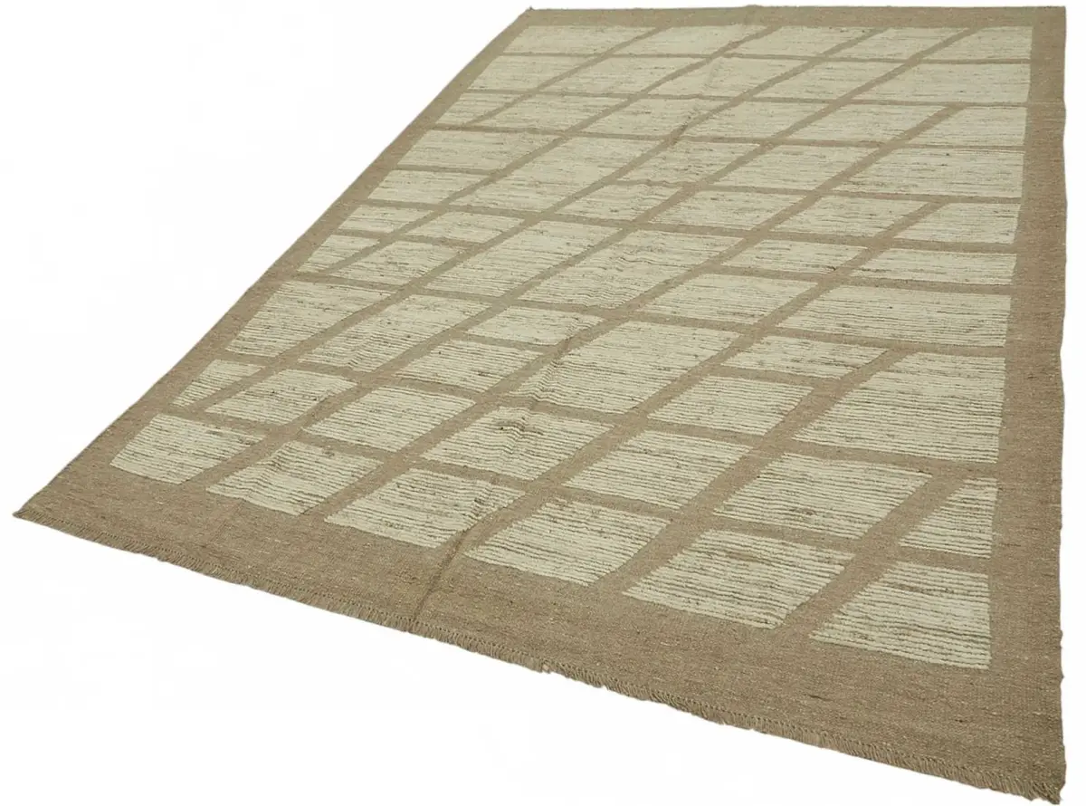 Tribal Modern Dizayn Bej Pamuk Üzerine Yün El Dokuma Halı-200x300 - Görsel 3