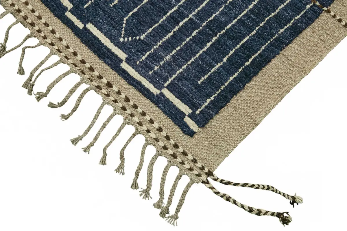 Tribal Modern Dizayn Mavi Pamuk Üzerine Yün El Dokuma Halı-253x299 - Görsel 4