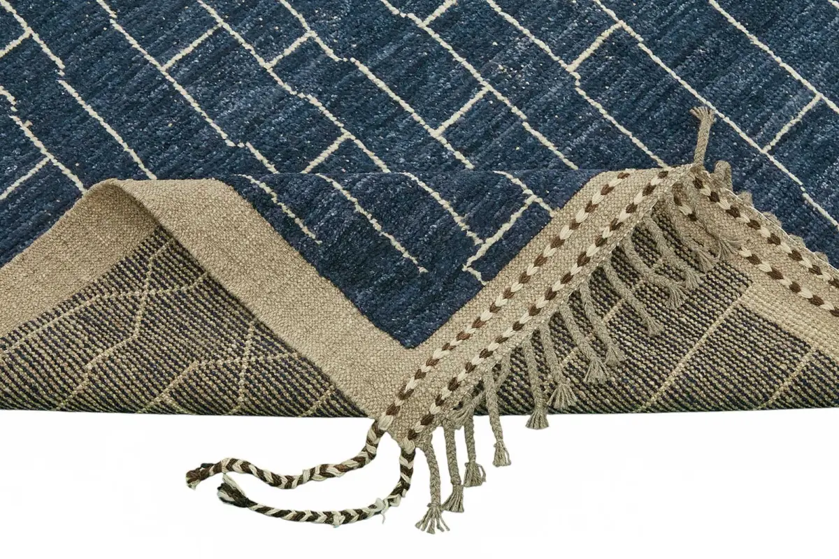 Tribal Modern Dizayn Mavi Pamuk Üzerine Yün El Dokuma Halı-253x299 - Görsel 6