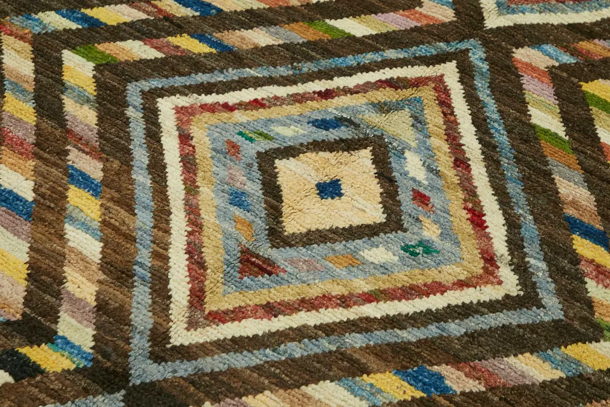 Tribal Modern Dizayn Kahverengi Pamuk Üzerine Yün El Dokuma Halı-174x245 - Görsel 5