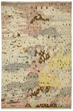 Tribal Modern Dizayn Bej Pamuk Üzerine Yün El Dokuma Halı-195x294