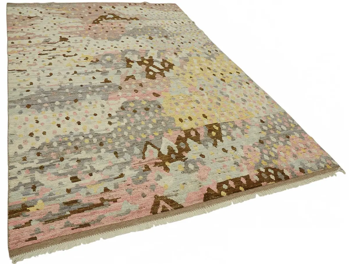 Tribal Modern Dizayn Bej Pamuk Üzerine Yün El Dokuma Halı-195x294 - Görsel 2