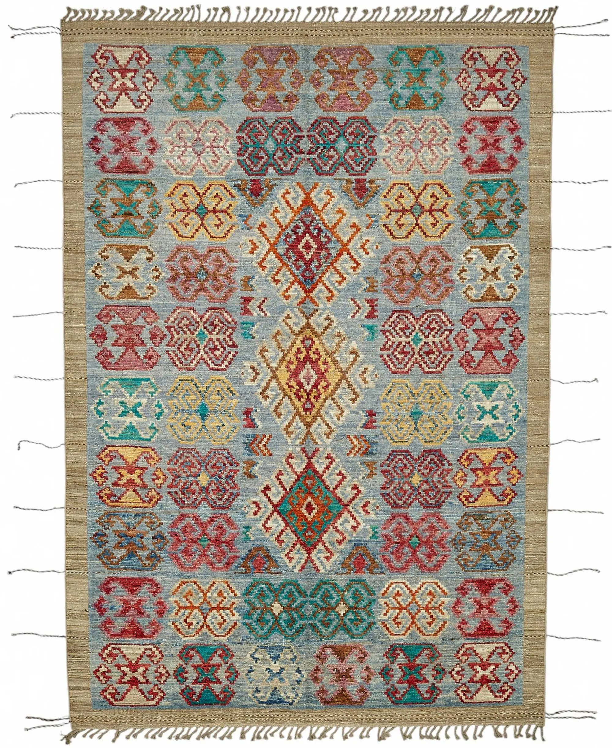 Tribal Modern Dizayn Multi Pamuk Üzerine Yün El Dokuma Halı-204x312 - Görsel 1