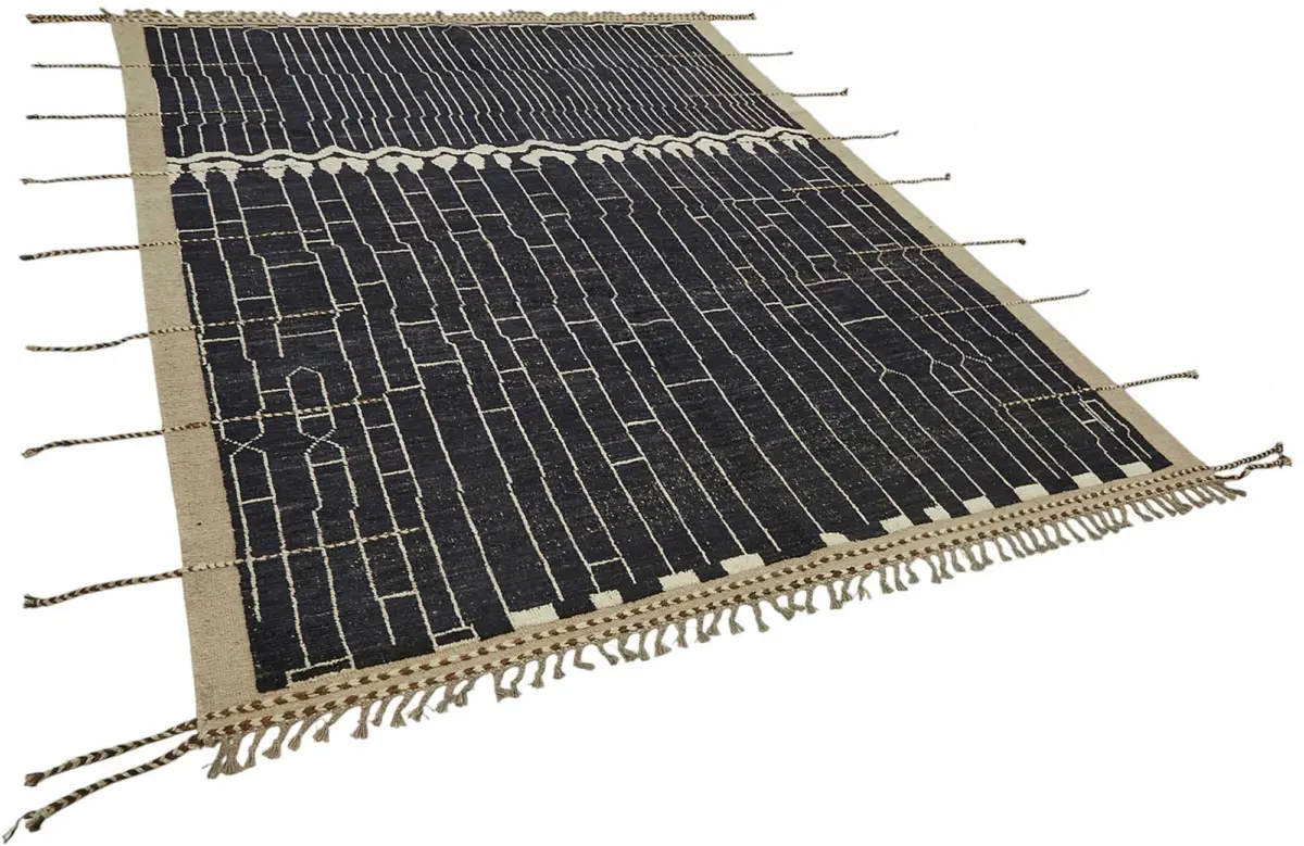 Tribal Modern Dizayn Mavi Pamuk Üzerine Yün El Dokuma Halı-209x300 - Görsel 2