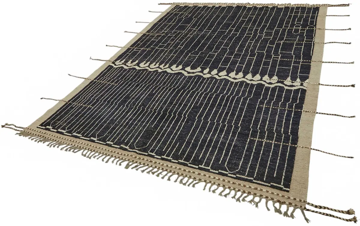 Tribal Modern Dizayn Mavi Pamuk Üzerine Yün El Dokuma Halı-209x300 - Görsel 3