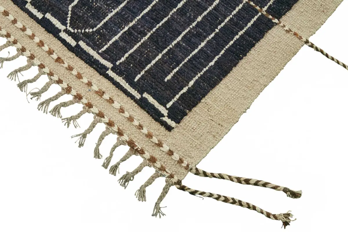 Tribal Modern Dizayn Mavi Pamuk Üzerine Yün El Dokuma Halı-209x300 - Görsel 4