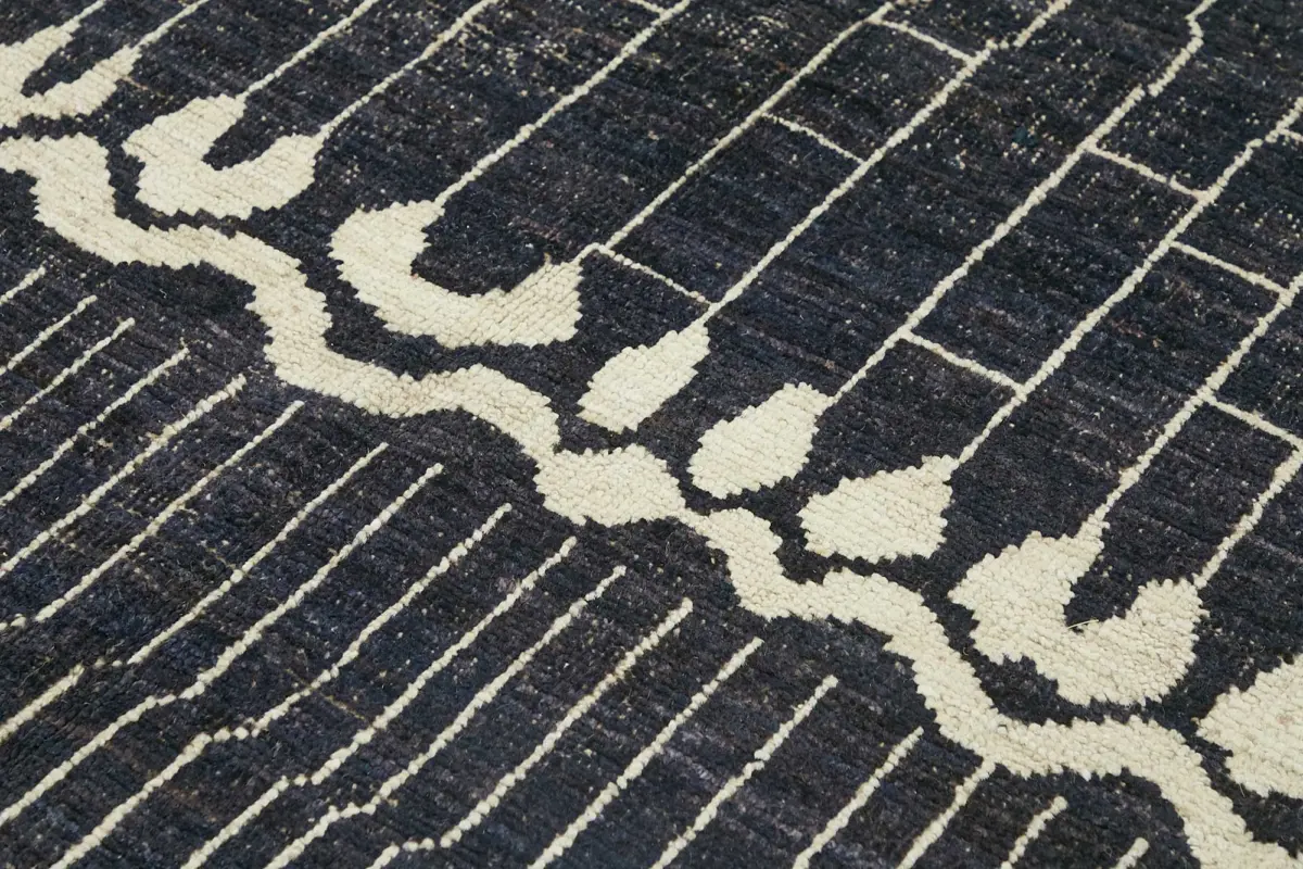 Tribal Modern Dizayn Mavi Pamuk Üzerine Yün El Dokuma Halı-209x300 - Görsel 5