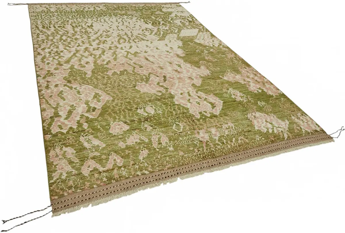 Tribal Modern Dizayn Yeşil Pamuk Üzerine Yün El Dokuma Halı-203x309 - Görsel 2