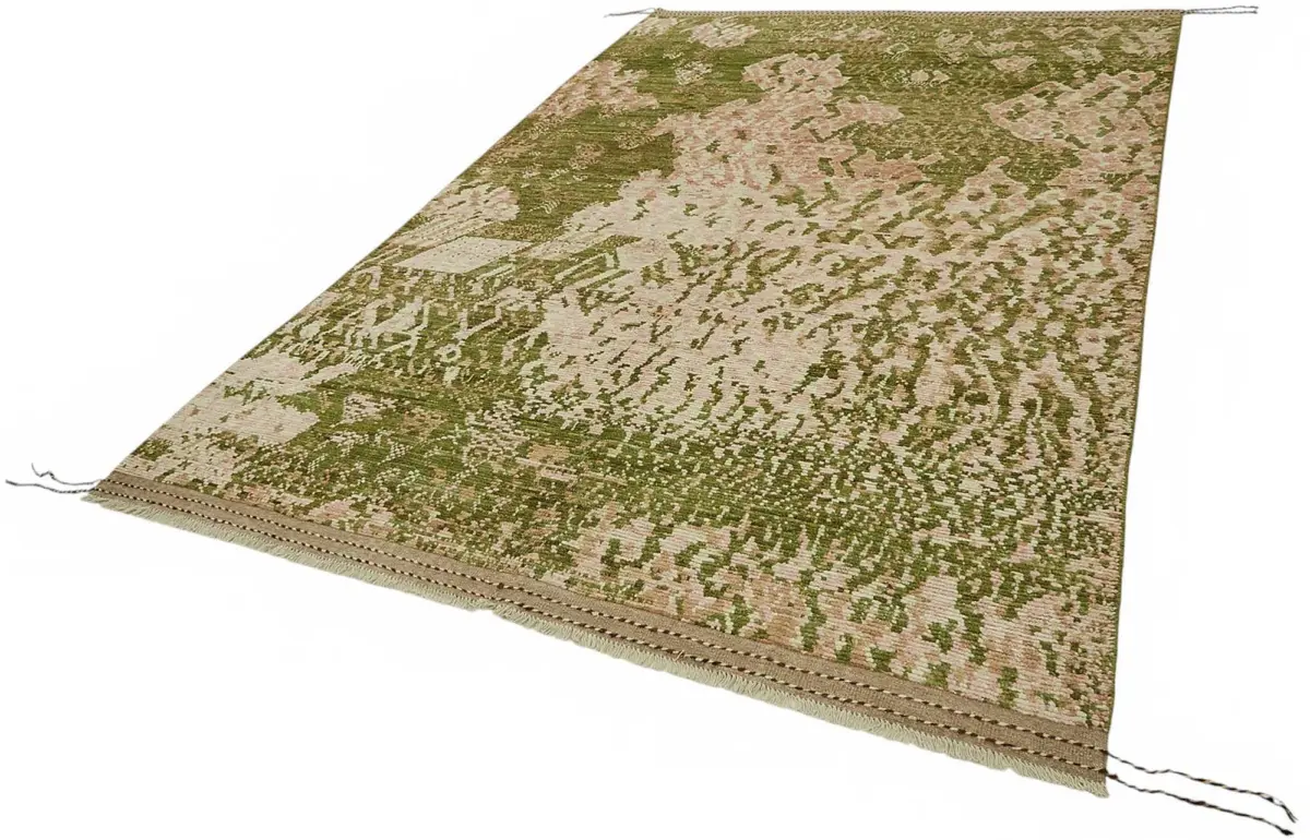 Tribal Modern Dizayn Yeşil Pamuk Üzerine Yün El Dokuma Halı-203x309 - Görsel 3