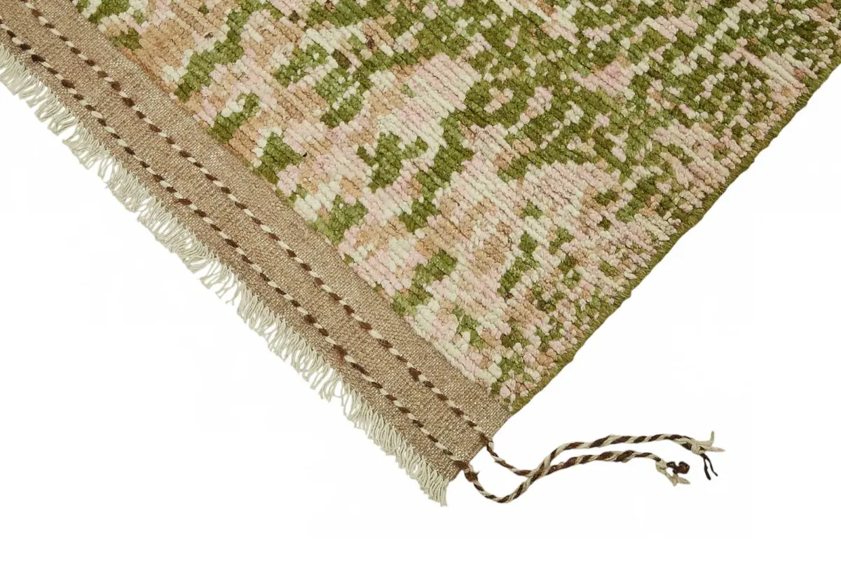 Tribal Modern Dizayn Yeşil Pamuk Üzerine Yün El Dokuma Halı-203x309 - Görsel 4