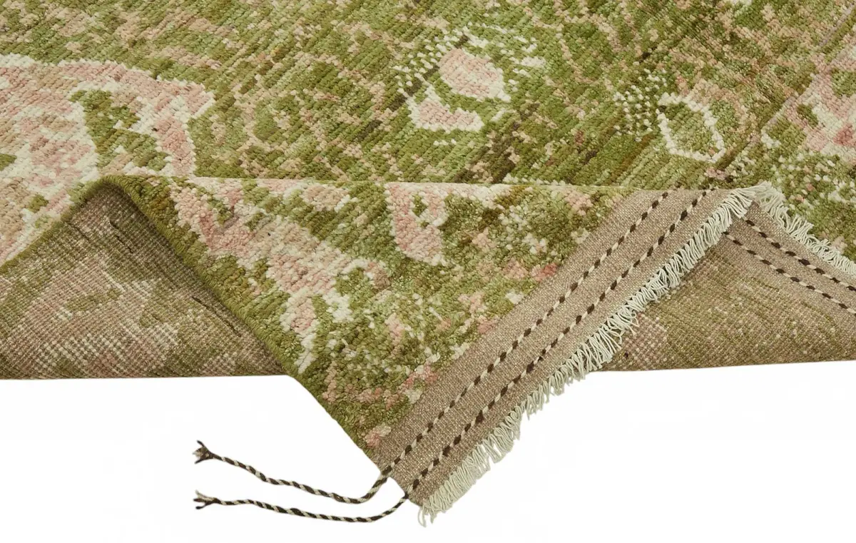Tribal Modern Dizayn Yeşil Pamuk Üzerine Yün El Dokuma Halı-203x309 - Görsel 6