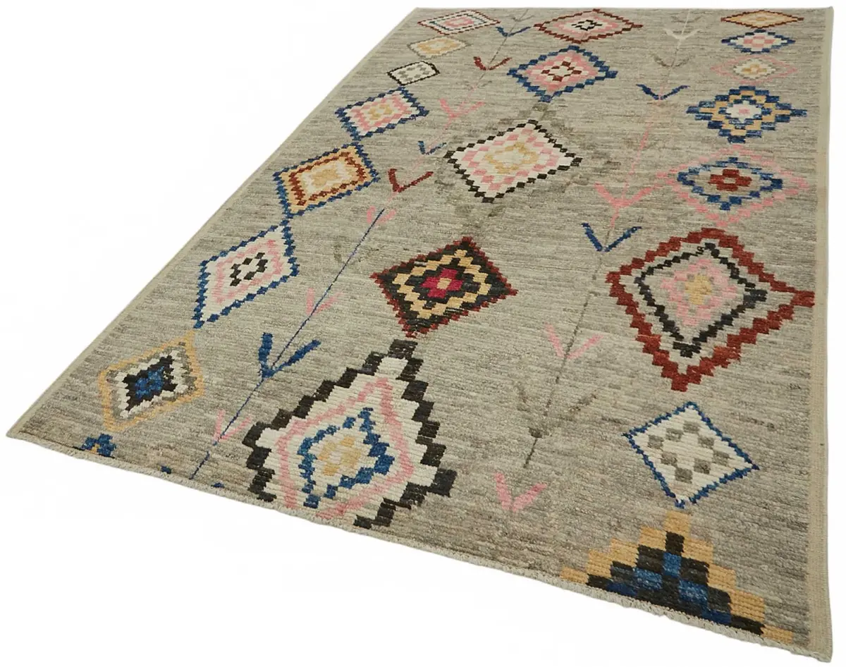 Tribal Modern Dizayn Multi Pamuk Üzerine Yün El Dokuma Halı-180x290 - Görsel 3