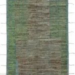 Tribal Modern Dizayn Yeşil Pamuk Üzerine Yün El Dokuma Halı-207x308