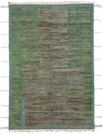 Tribal Modern Dizayn Yeşil Pamuk Üzerine Yün El Dokuma Halı-207x308