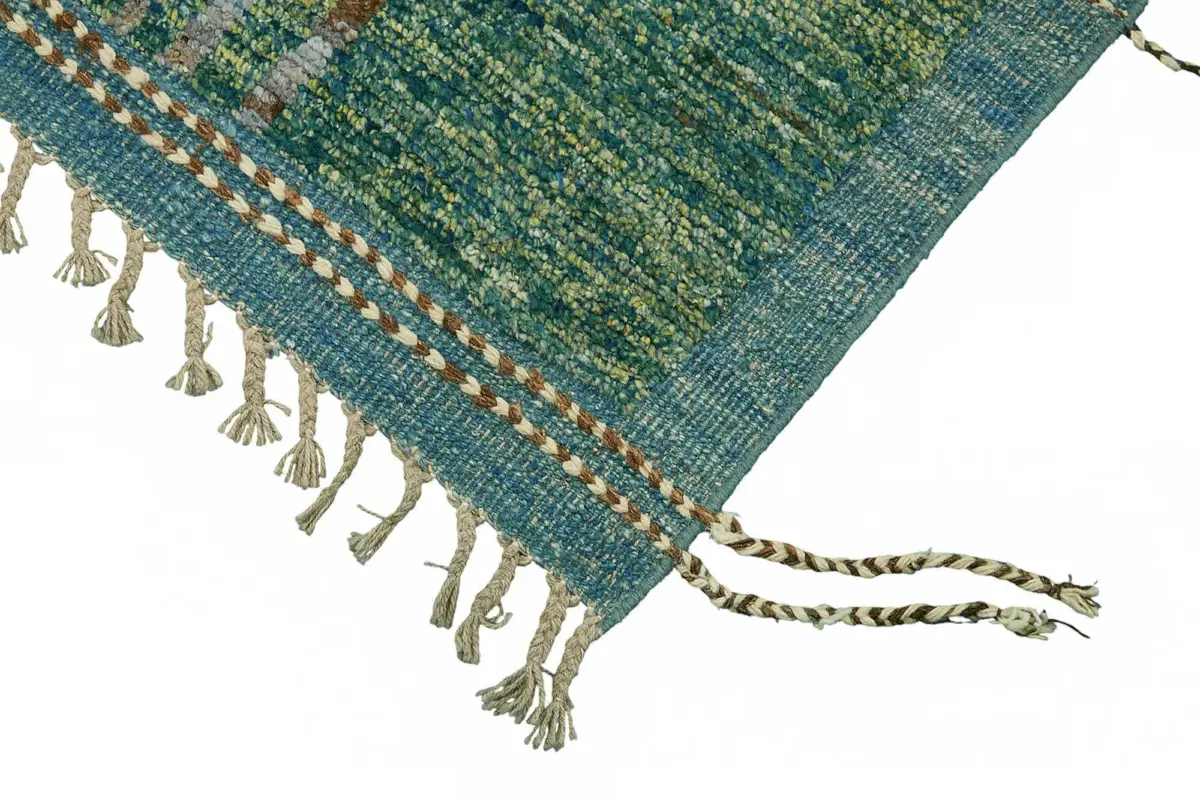 Tribal Modern Dizayn Yeşil Pamuk Üzerine Yün El Dokuma Halı-207x308 - Görsel 4