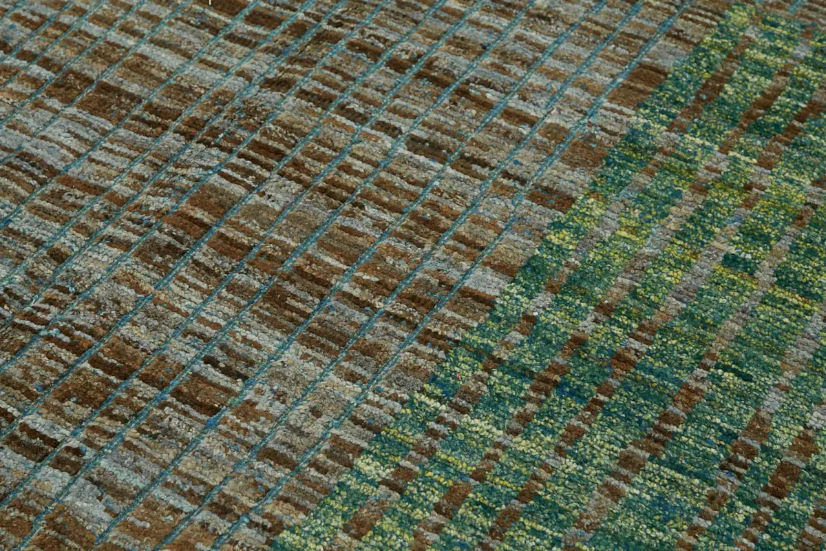 Tribal Modern Dizayn Yeşil Pamuk Üzerine Yün El Dokuma Halı-207x308 - Görsel 5