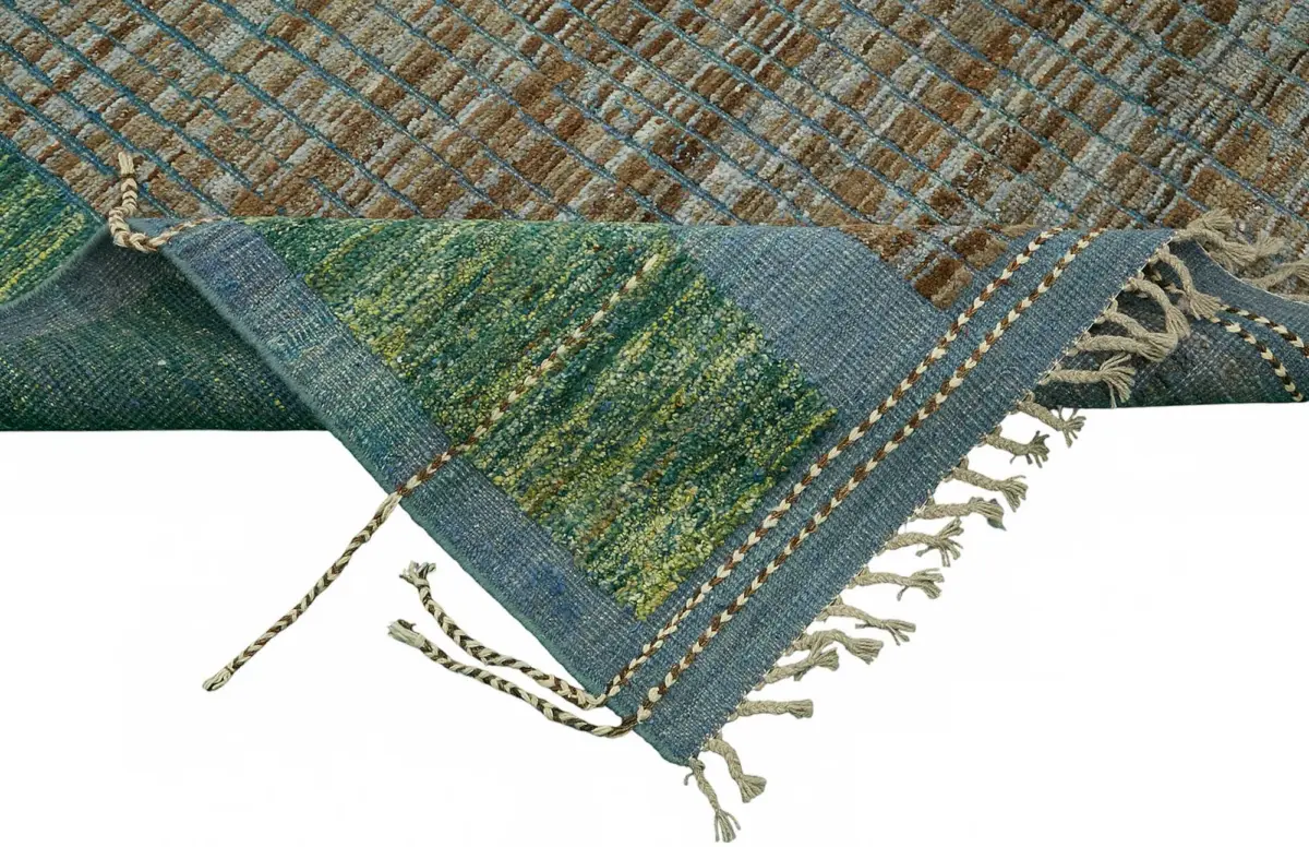 Tribal Modern Dizayn Yeşil Pamuk Üzerine Yün El Dokuma Halı-207x308 - Görsel 6