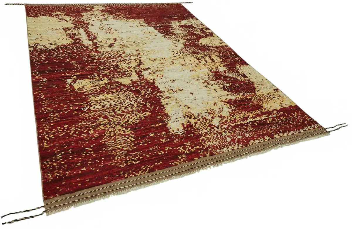 Tribal Modern Dizayn Kırmızı Pamuk Üzerine Yün El Dokuma Halı-203x309 - Görsel 2