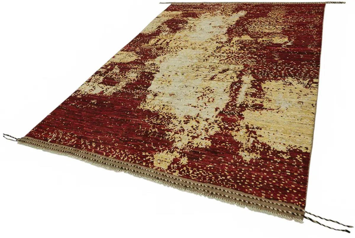 Tribal Modern Dizayn Kırmızı Pamuk Üzerine Yün El Dokuma Halı-203x309 - Görsel 3