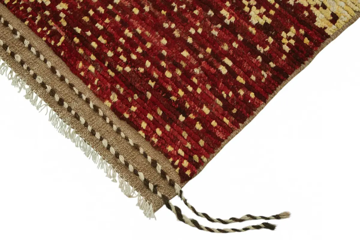 Tribal Modern Dizayn Kırmızı Pamuk Üzerine Yün El Dokuma Halı-203x309 - Görsel 4