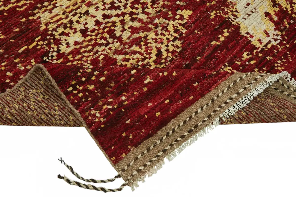 Tribal Modern Dizayn Kırmızı Pamuk Üzerine Yün El Dokuma Halı-203x309 - Görsel 6