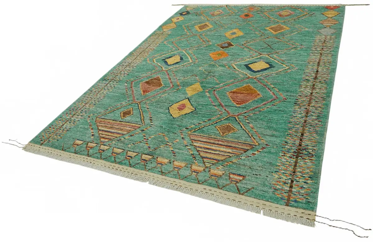 Tribal Modern Dizayn Turkuaz Pamuk Üzerine Yün El Dokuma Halı-202x300 - Görsel 3