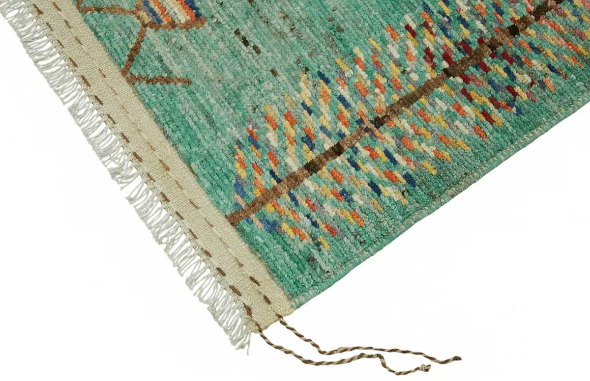 Tribal Modern Dizayn Turkuaz Pamuk Üzerine Yün El Dokuma Halı-202x300 - Görsel 4