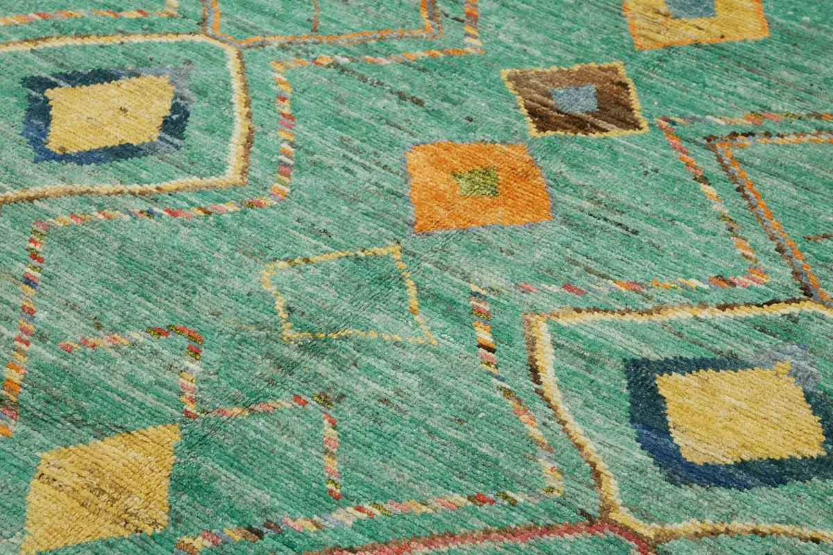 Tribal Modern Dizayn Turkuaz Pamuk Üzerine Yün El Dokuma Halı-202x300 - Görsel 5