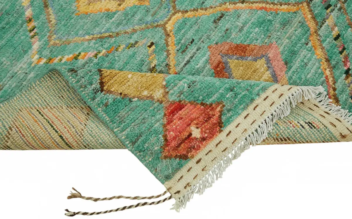 Tribal Modern Dizayn Turkuaz Pamuk Üzerine Yün El Dokuma Halı-202x300 - Görsel 6