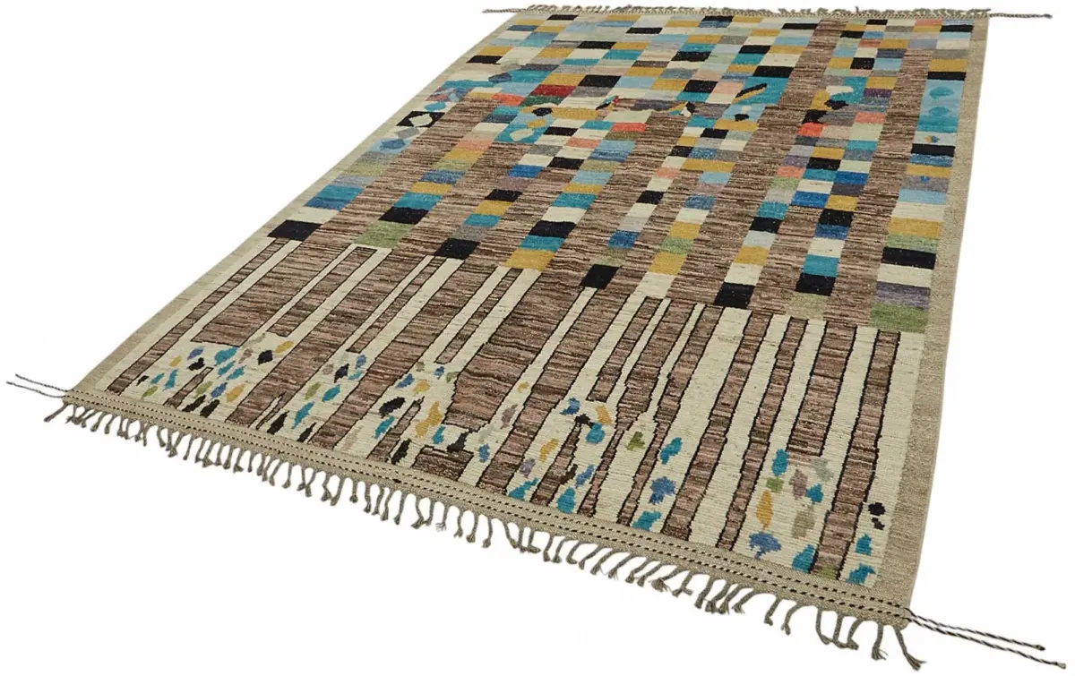 Tribal Modern Dizayn Multi Pamuk Üzerine Yün El Dokuma Halı-201x297 - Görsel 3