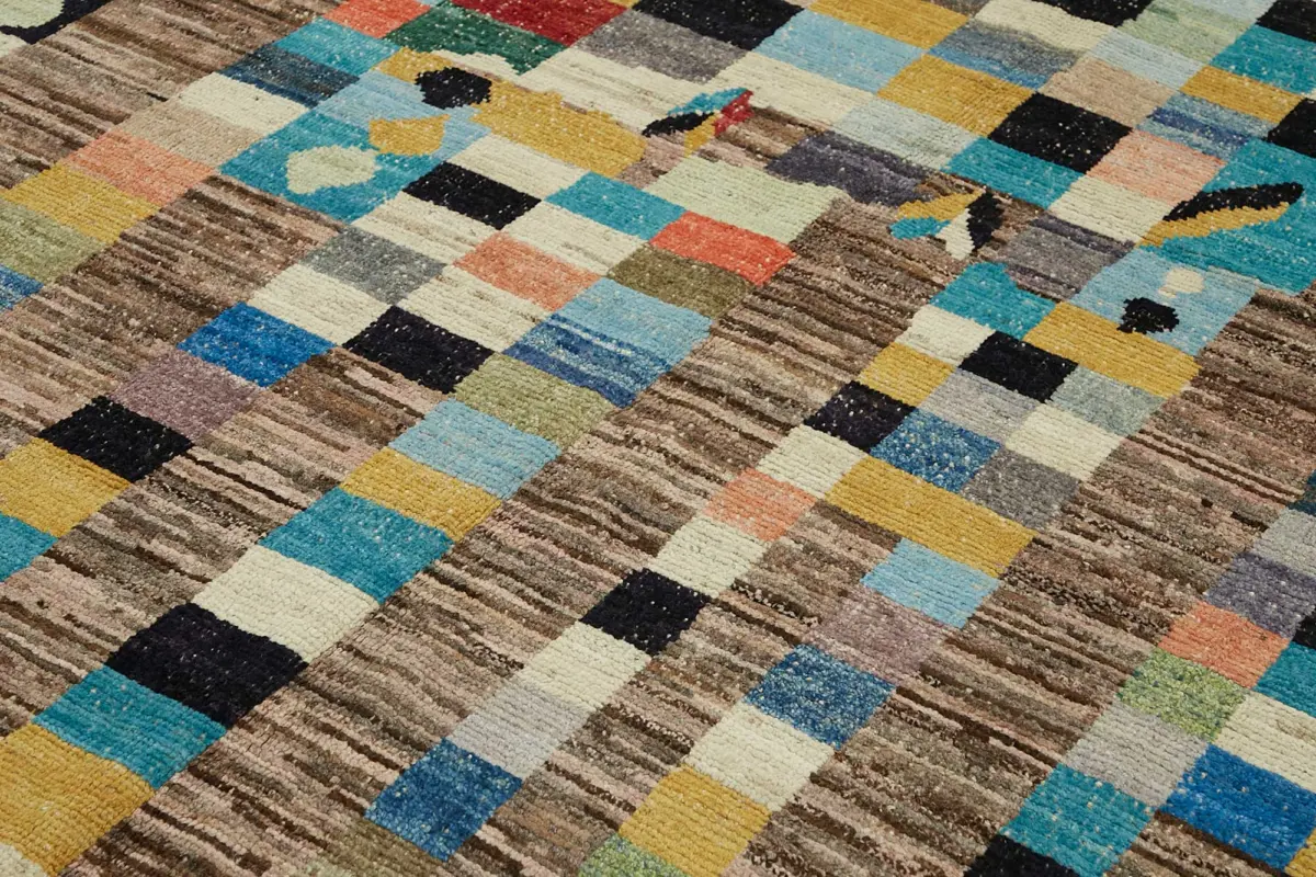 Tribal Modern Dizayn Multi Pamuk Üzerine Yün El Dokuma Halı-201x297 - Görsel 5