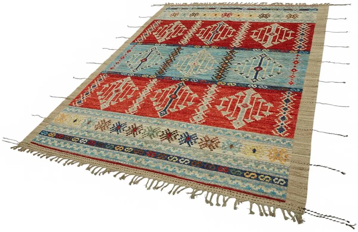 Tribal Modern Dizayn Multi Pamuk Üzerine Yün El Dokuma Halı-205x292 - Görsel 3