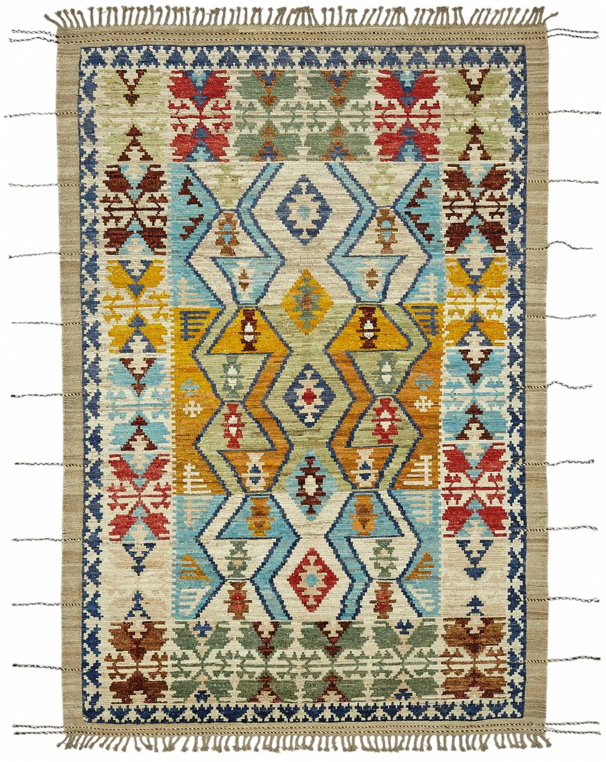 Tribal Modern Dizayn Multi Pamuk Üzerine Yün El Dokuma Halı-209x313 - Görsel 1