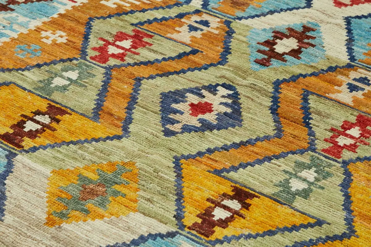 Tribal Modern Dizayn Multi Pamuk Üzerine Yün El Dokuma Halı-209x313 - Görsel 5