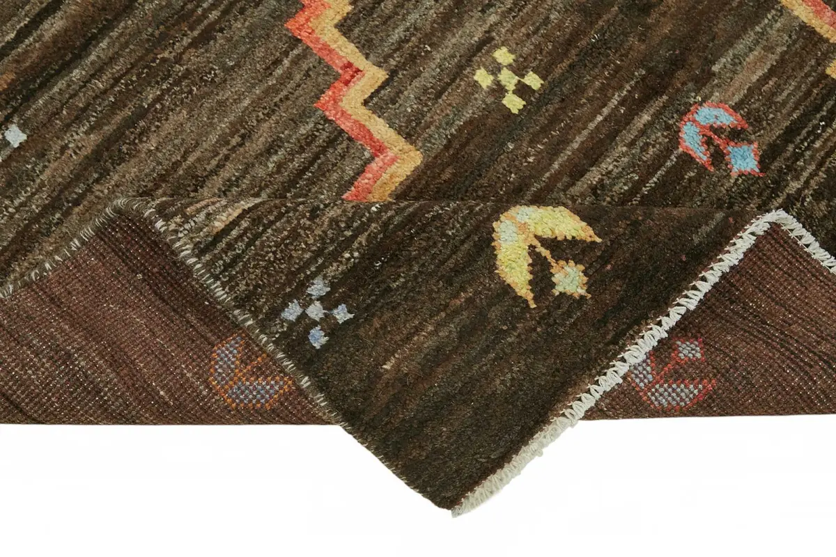 Tribal Modern Dizayn Kahverengi Pamuk Üzerine Yün El Dokuma Halı-150x194 - Görsel 6